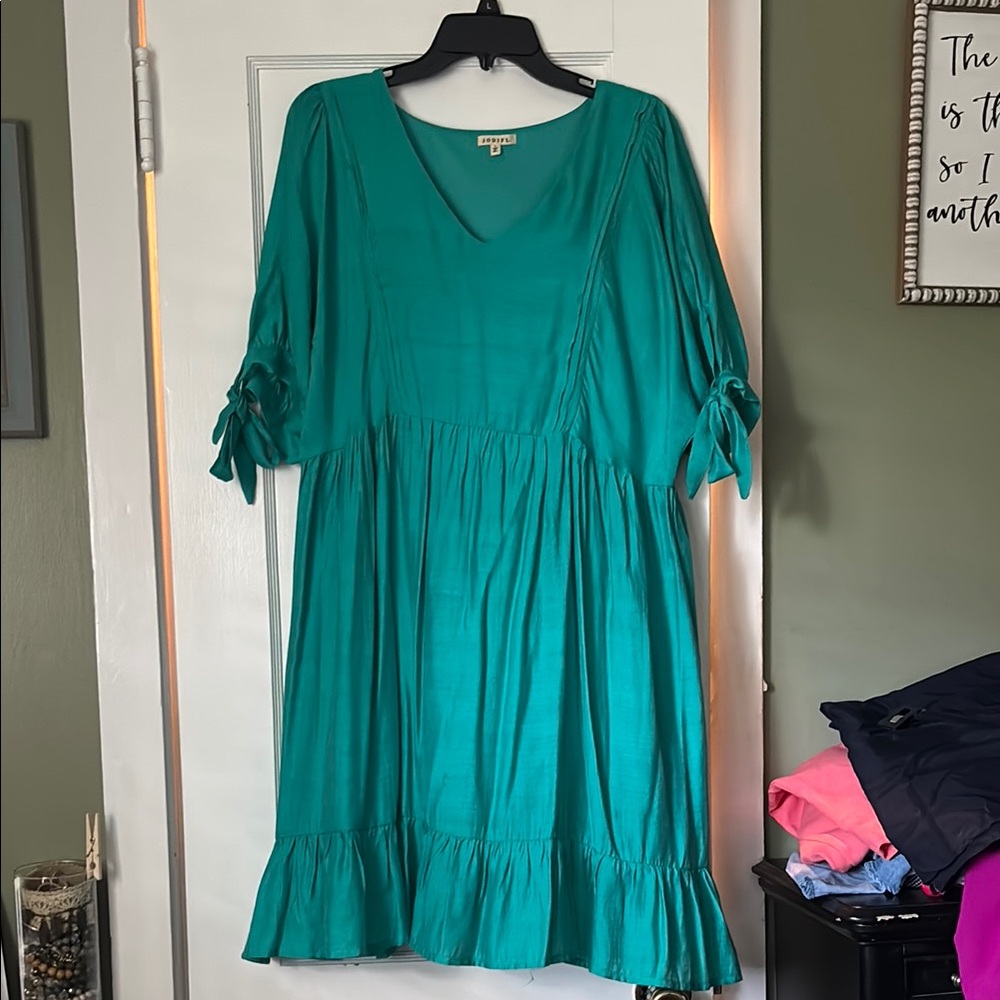 JODIFL Teal Long Sleeve Dress with Ruffle Detail